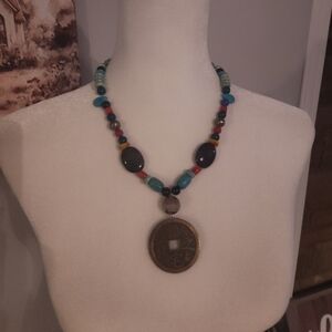 Vintage Multicolor Beaded Necklace with Coin Pendant #2